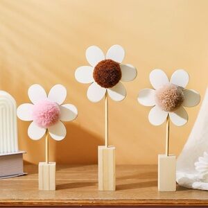 Wooden Flower Decor Set, Wooden Flowers w/ Pom Pom Center, Farmhouse Table Decor